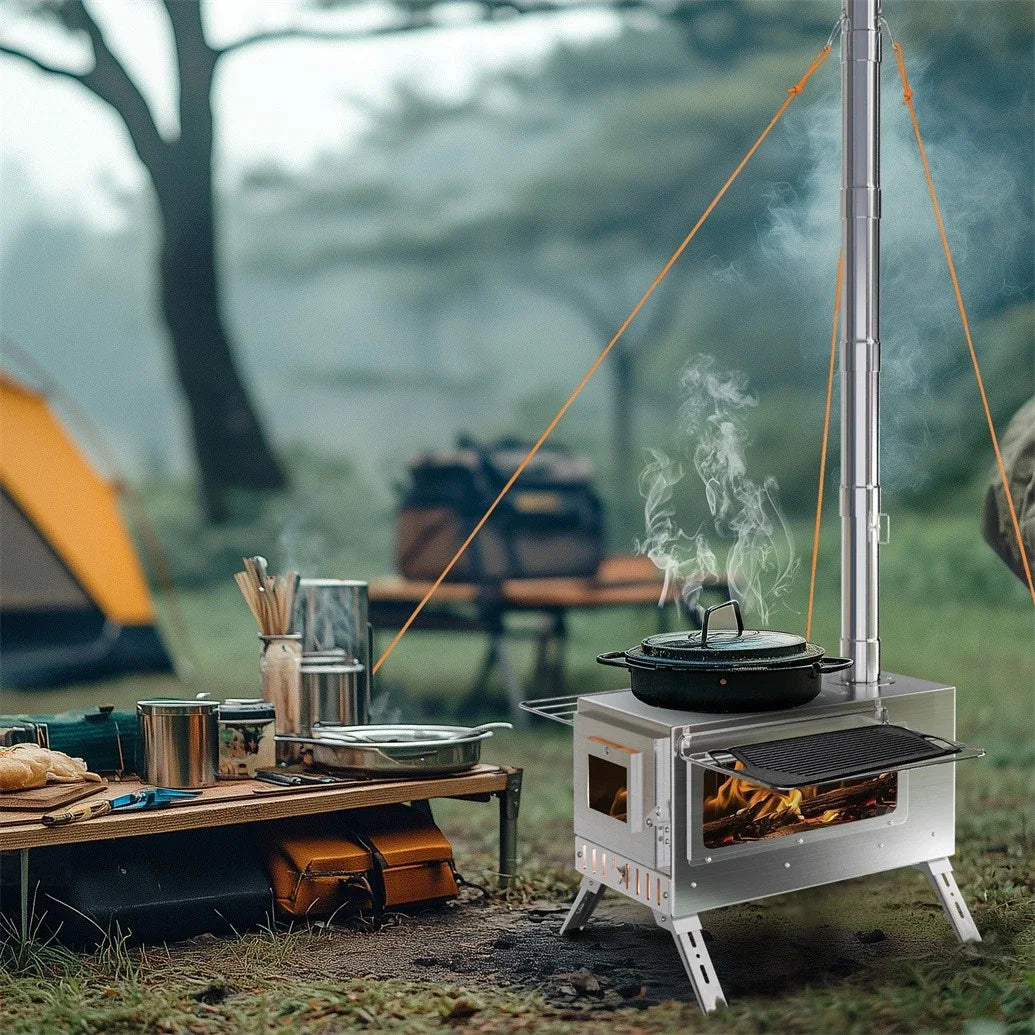 Industrial-Grade Wood-Burning Tent Stove With Stainless Steel Chimney Pipes Outdoors