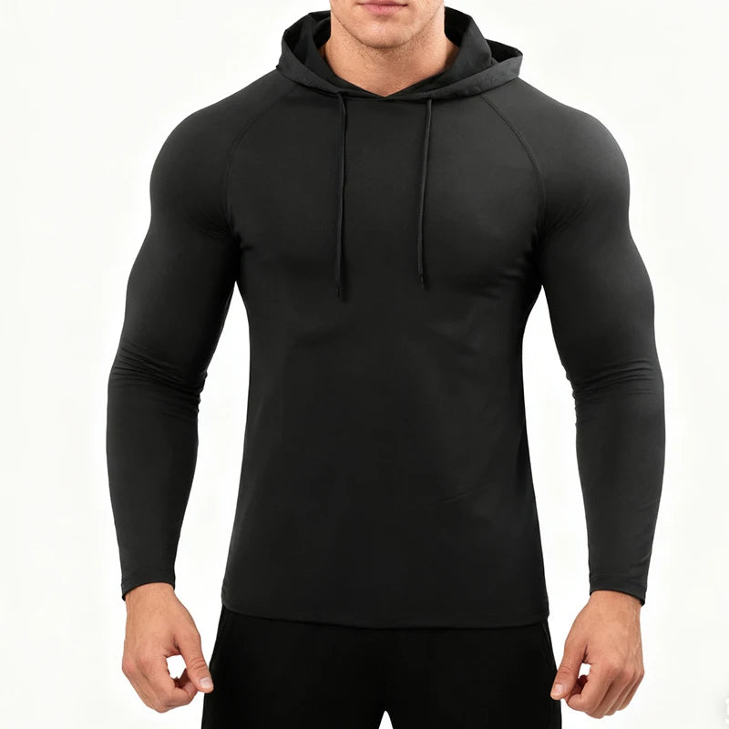 Men Running Long Sleeve Hooded Shirt Elastic Jersey Gym Top
