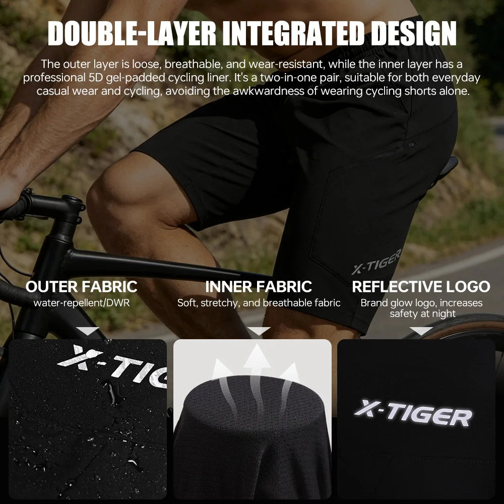 X-TIGER 2-in-1 All-Weather Cycling Shorts Padded MTB for Men